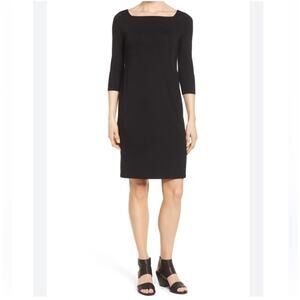 Eileen Fisher Dress Womens Large Black Square Neck Jersey Solid Minimalist Basic